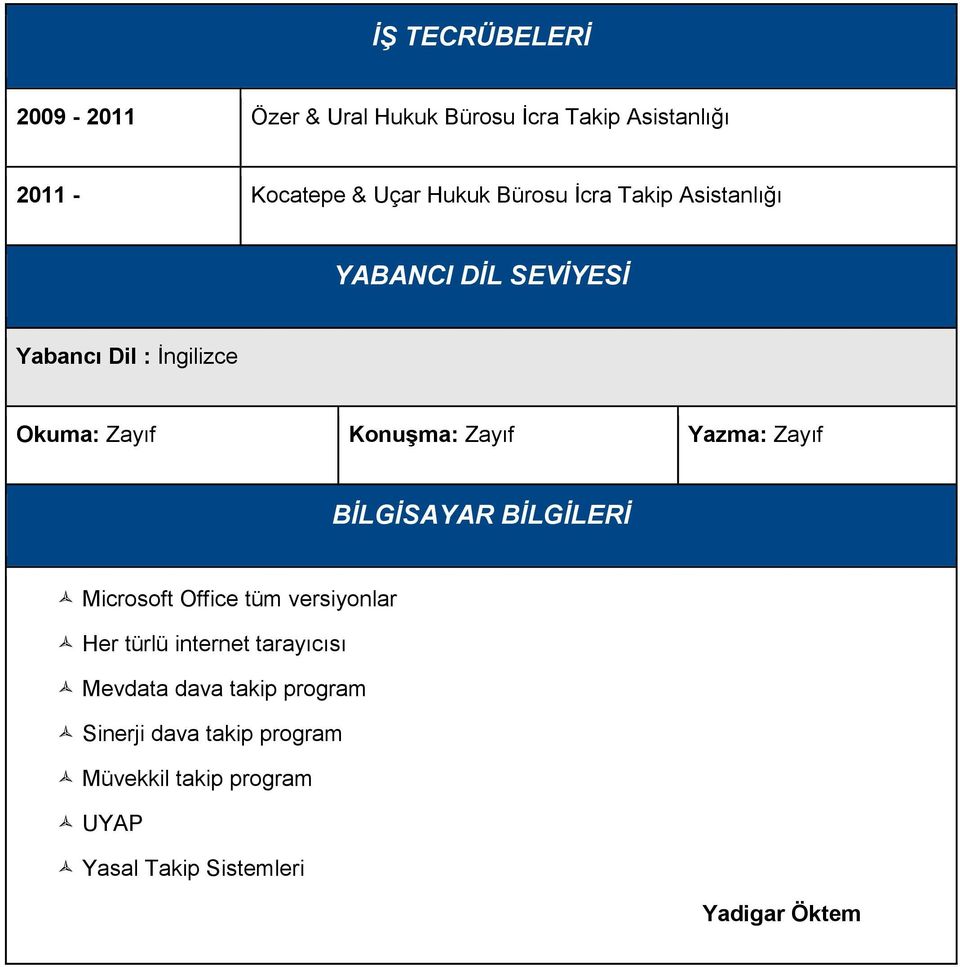 Yazma: Zayıf BİLGİSAYAR BİLGİLERİ Microsoft Office tüm versiyonlar Her türlü internet tarayıcısı Mevdata