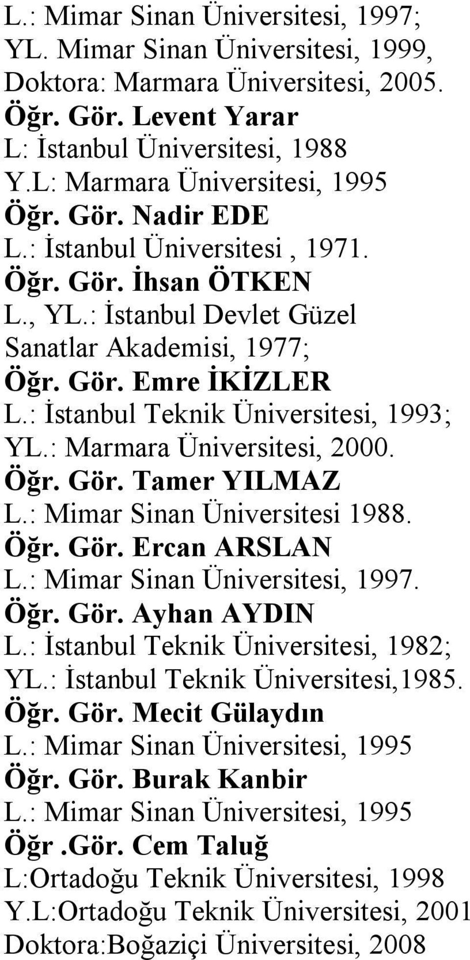 : Marmara Üniversitesi, 2000. Öğr. Gör. Tamer YILMAZ L.: Mimar Sinan Üniversitesi 1988. Öğr. Gör. Ercan ARSLAN L.: Mimar Sinan Üniversitesi, 1997. Öğr. Gör. Ayhan AYDIN L.