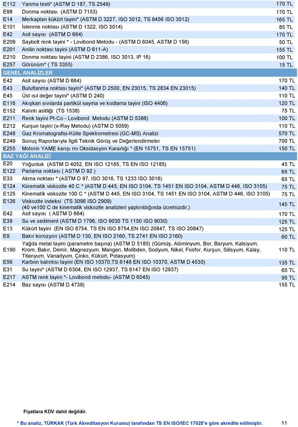 tayini (ASTM D 2386, ISO 3013, IP 16) 100 TL E257 Görünüm* ( TS 3355) 15 TL GENEL ANALİZLER E42 Asit sayısı (ASTM D 664) 170 TL E43 Bulutlanma noktası tayini* (ASTM D 2500, EN 23015, TS 2834 EN