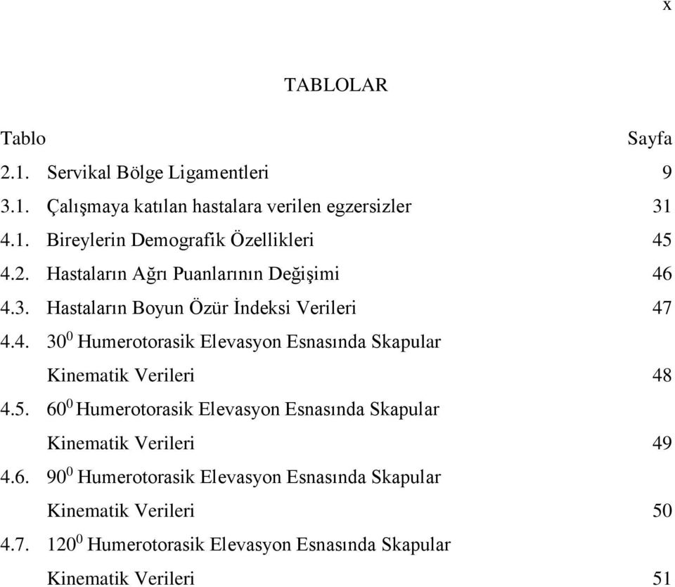 5. 60 0 Humerotorasik Elevasyon Esnasında Skapular Kinematik Verileri 49 4.6. 90 0 Humerotorasik Elevasyon Esnasında Skapular Kinematik Verileri 50 4.