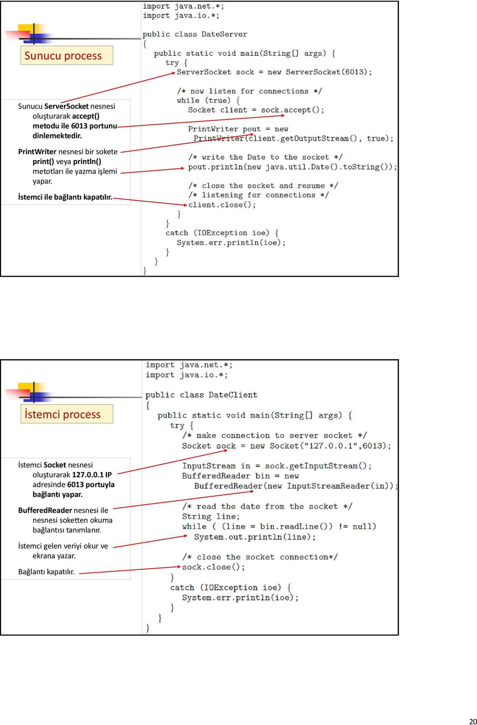 İstemci ile bağlantı kapatılır. 39 İstemci process İstemci Socket nesnesi oluşturarak 127.0.