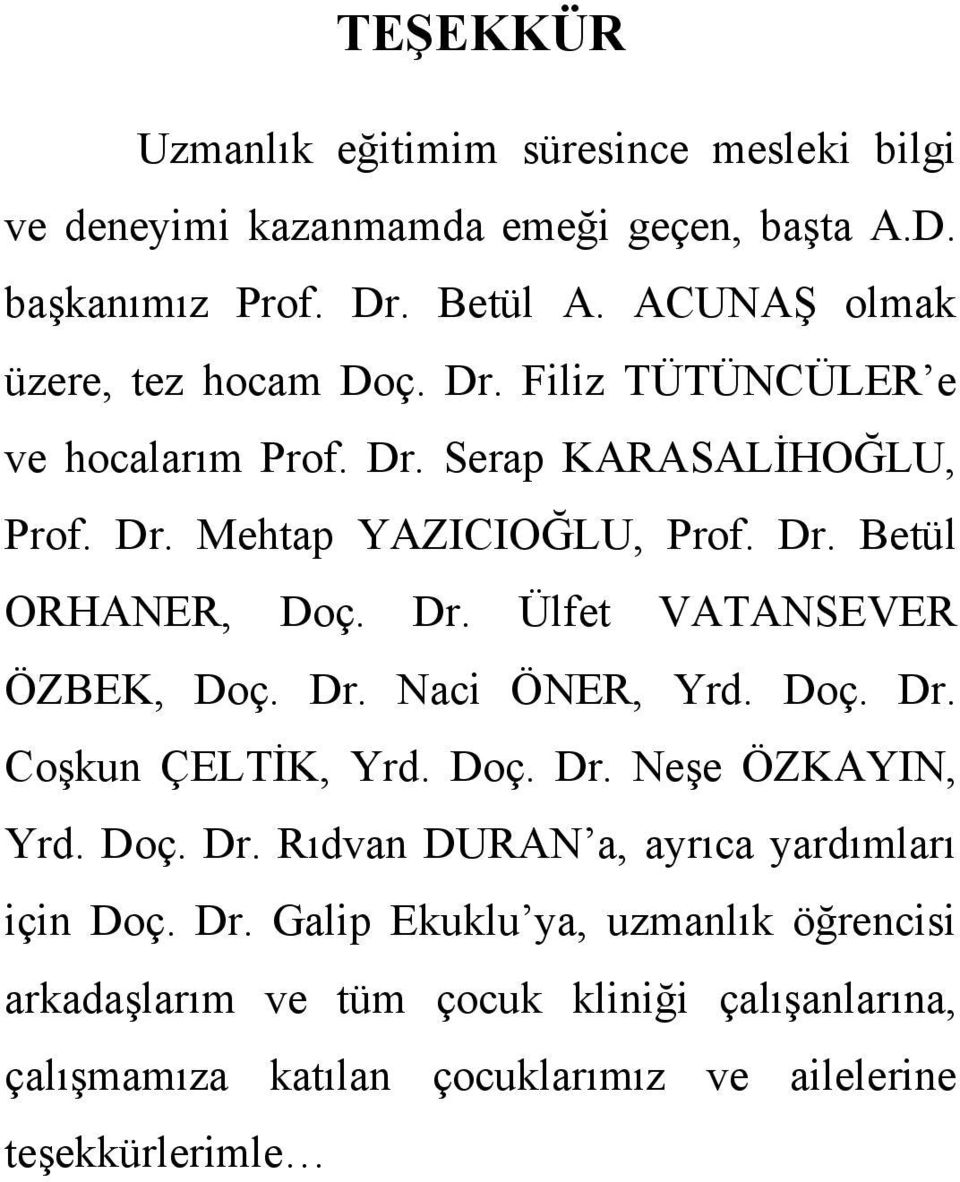 Dr. Ülfet VATANSEVER ÖZBEK, Doç. Dr. Naci ÖNER, Yrd. Doç. Dr. Coşkun ÇELTİK, Yrd. Doç. Dr. Neşe ÖZKAYIN, Yrd. Doç. Dr. Rıdvan DURAN a, ayrıca yardımları için Doç.