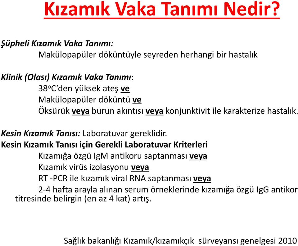 döküntü ve Öksürük veya burun akıntısı veya konjunktivit ile karakterize hastalık. Kesin Kızamık Tanısı: Laboratuvar gereklidir.