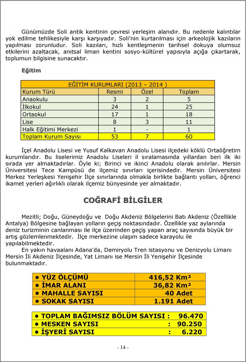 Eğitim EĞİTİM KURUMLARI (2013 2014 ) Kurum Türü Resmi Özel Toplam Anaokulu 3 2 5 İlkokul 24 1 25 Ortaokul 17 1 18 Lise 8 3 11 Halk Eğitimi Merkezi 1-1 Toplam Kurum Sayısı 53 7 60 İçel Anadolu Lisesi