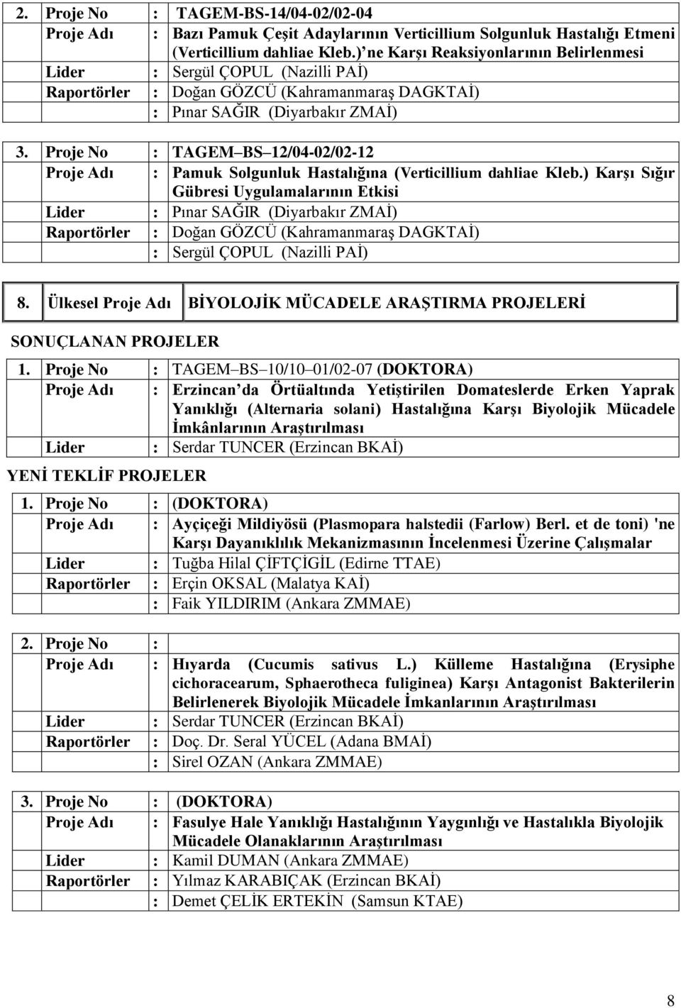 Proje No : TAGEM BS 12/04-02/02-12 Proje Adı : Pamuk Solgunluk Hastalığına (Verticillium dahliae Kleb.