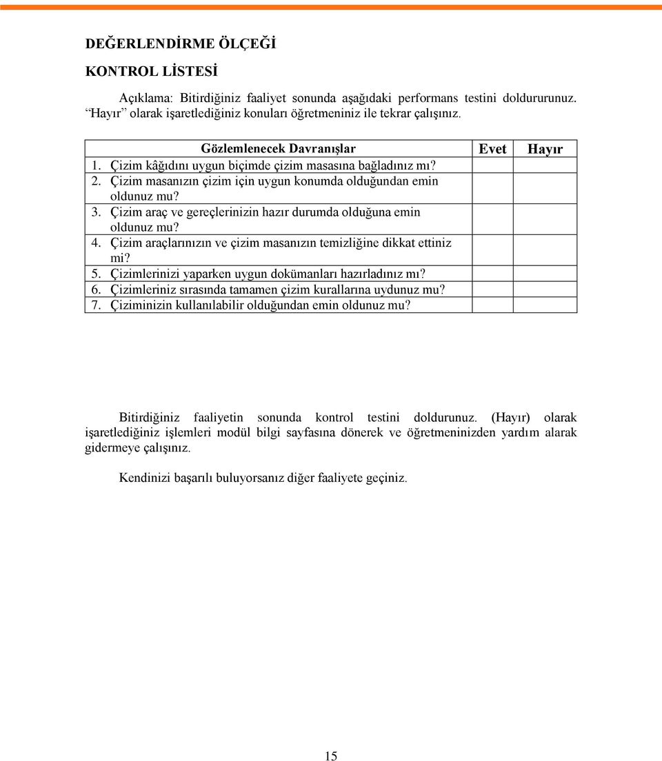 Çizim araç ve gereçlerinizin hazır durumda olduğuna emin oldunuz mu? 4. Çizim araçlarınızın ve çizim masanızın temizliğine dikkat ettiniz mi? 5.