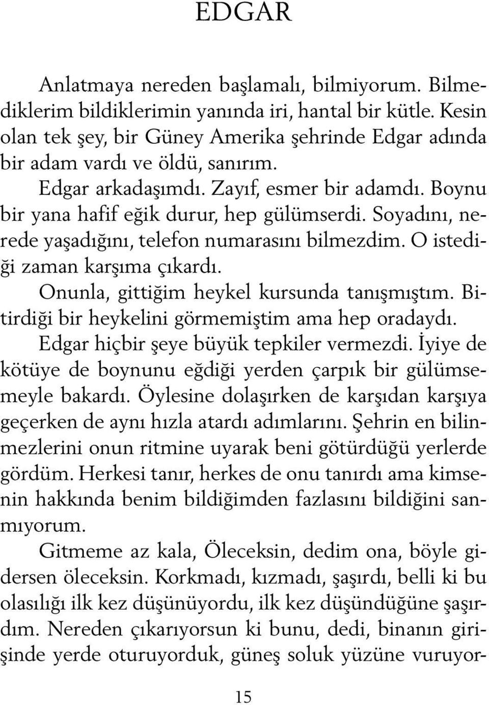 Onunla, gittiğim heykel kursunda tanışmıştım. Bitirdiği bir heykelini görmemiştim ama hep oradaydı. Edgar hiçbir şeye büyük tepkiler vermezdi.