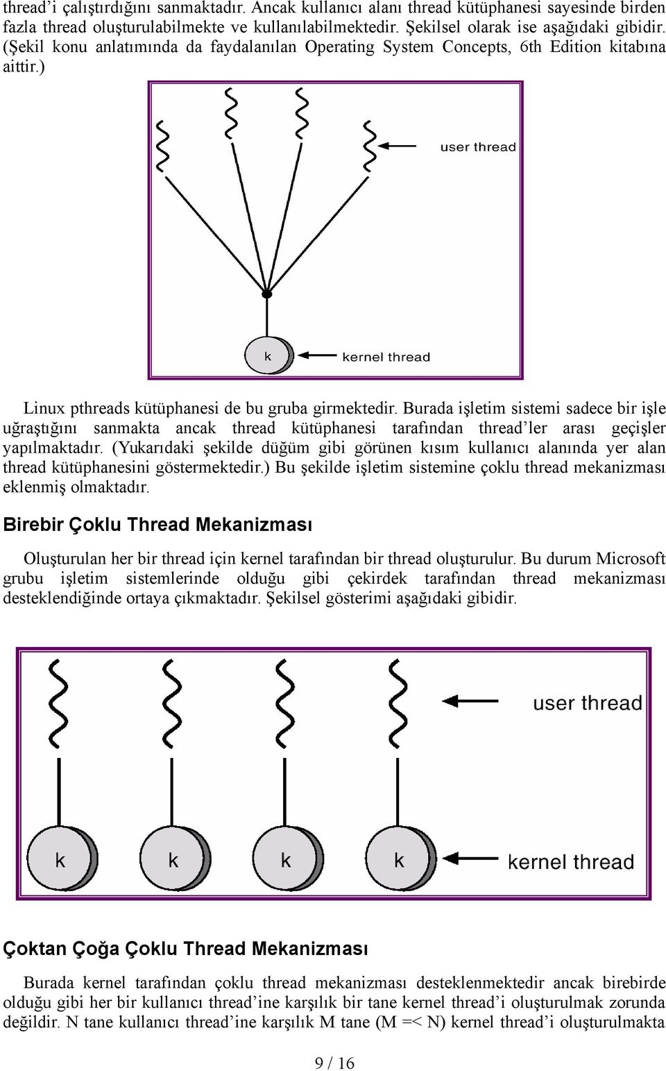 Burada işletim sistemi sadece bir işle uğraştığını sanmakta ancak thread kütüphanesi tarafından thread ler arası geçişler yapılmaktadır.