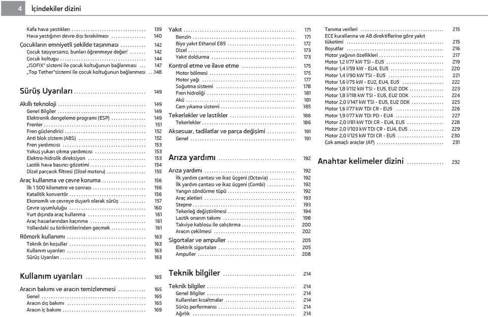 .. 147 Top Tether sistemi ile çocuk koltuğunun bağlanması...148 Sürüş Uyarıları............................... 149 Akıllı teknoloji...................................... 149 Genel Bilgiler.