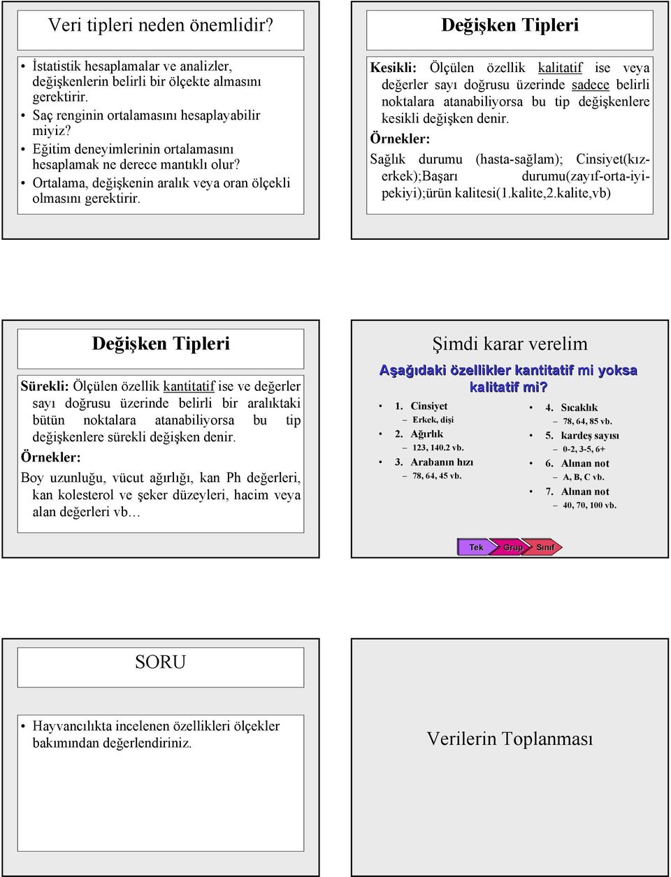 Değişken Tipleri Kesikli: Ölçülen özellik kalitatif ise veya değerler sayı doğrusu üzerinde sadece belirli noktalara atanabiliyorsa bu tip değişkenlere kesikli değişken denir.