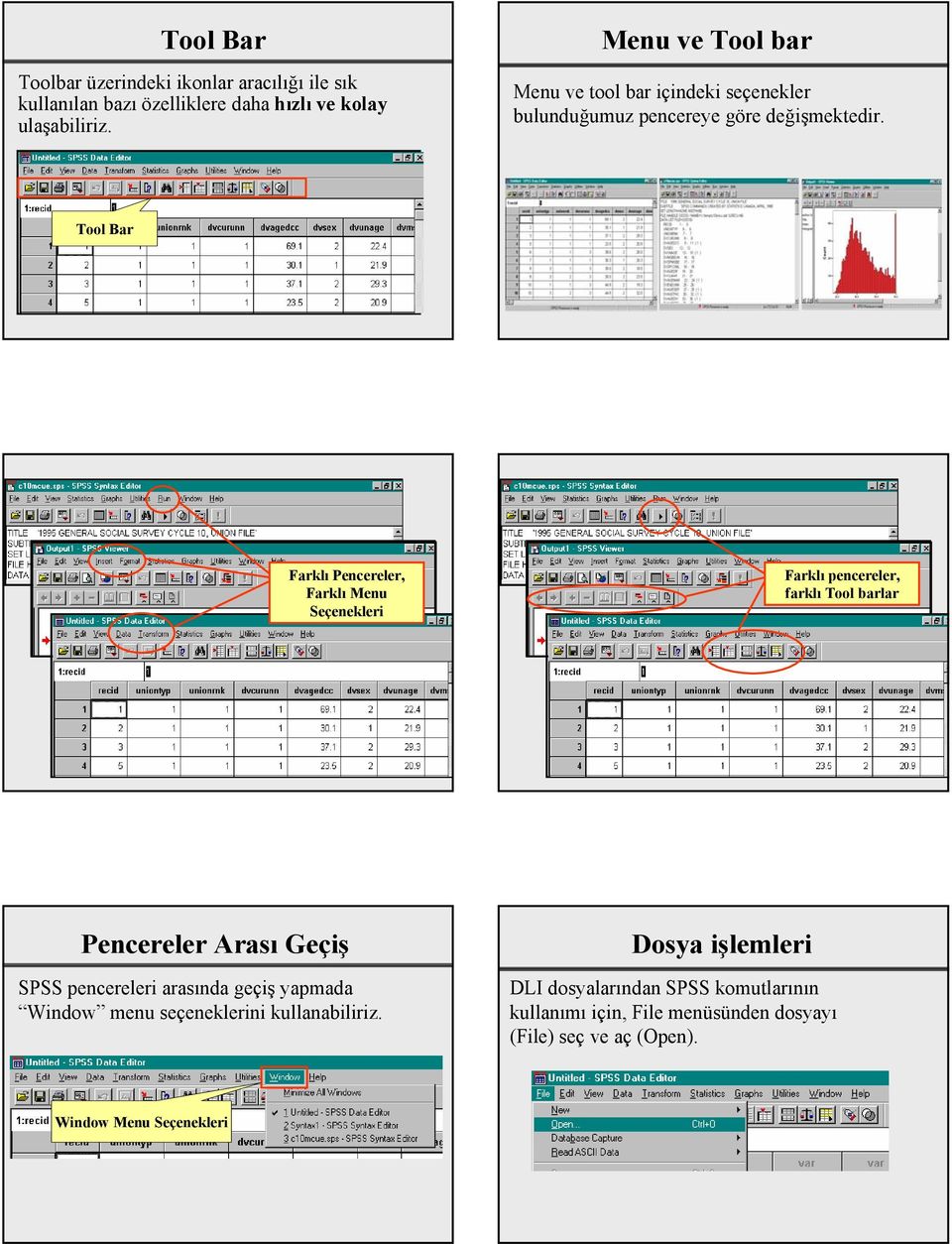 Tool Bar Farklı Pencereler, Farklı Menu Seçenekleri Farklı pencereler, farklı Tool barlar Pencereler Arası Geçiş SPSS pencereleri