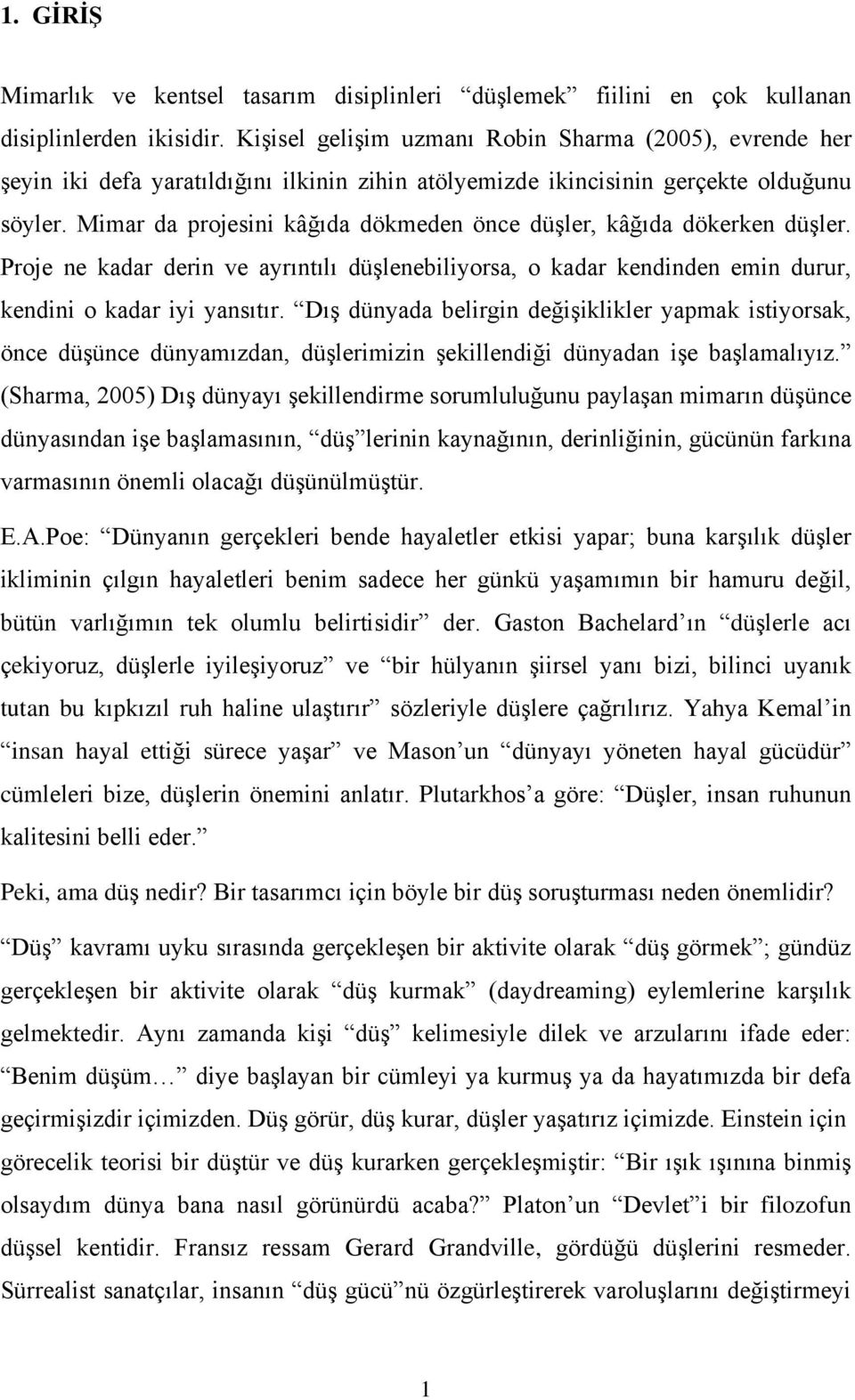 Mimar da projesini kâğıda dökmeden önce düşler, kâğıda dökerken düşler. Proje ne kadar derin ve ayrıntılı düşlenebiliyorsa, o kadar kendinden emin durur, kendini o kadar iyi yansıtır.