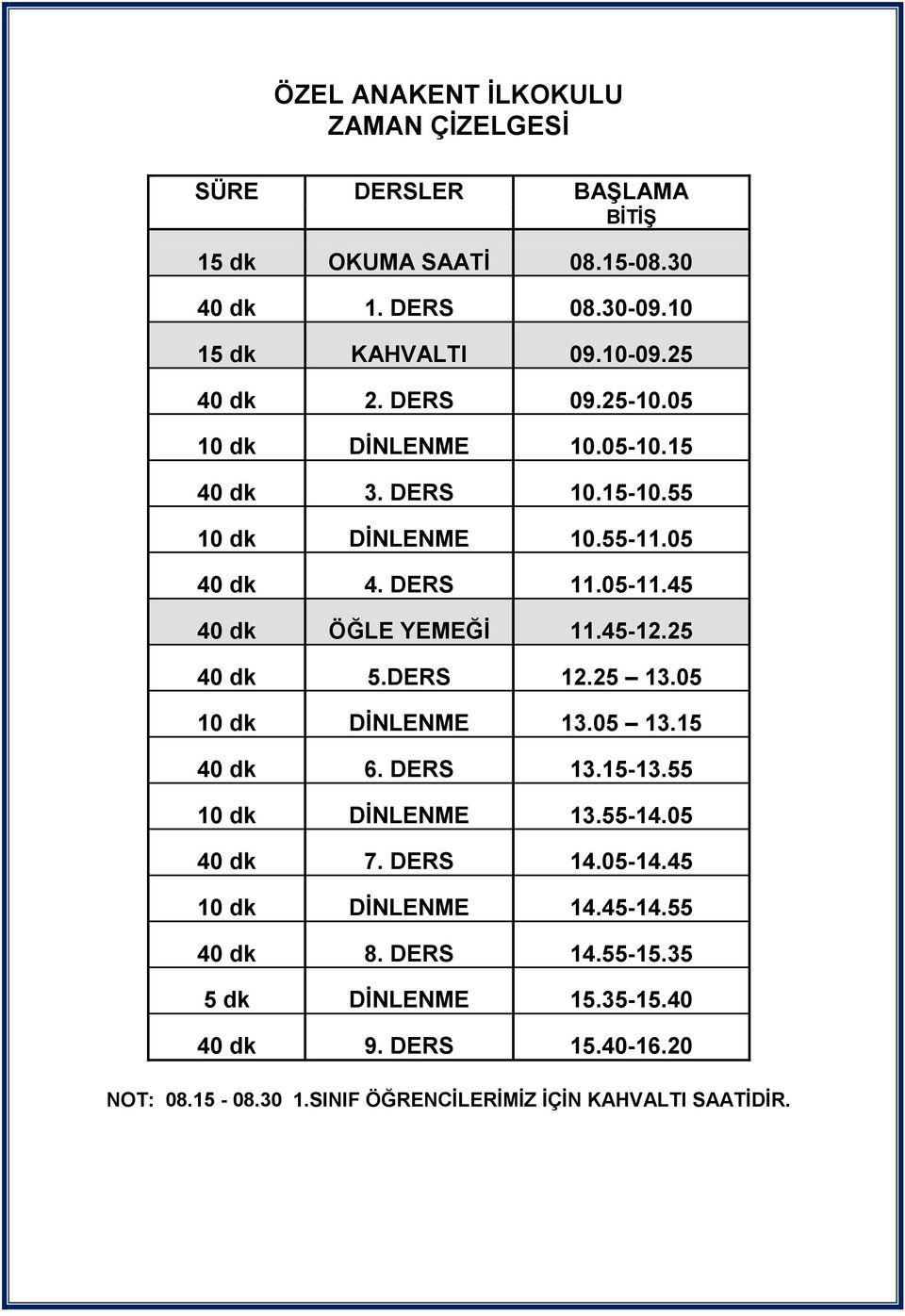 45 40 dk ÖĞLE YEMEĞİ 11.45-12.25 40 dk 5.DERS 12.25 13.05 10 dk DİNLENME 13.05 13.15 40 dk 6. DERS 13.15-13.55 10 dk DİNLENME 13.55-14.05 40 dk 7.