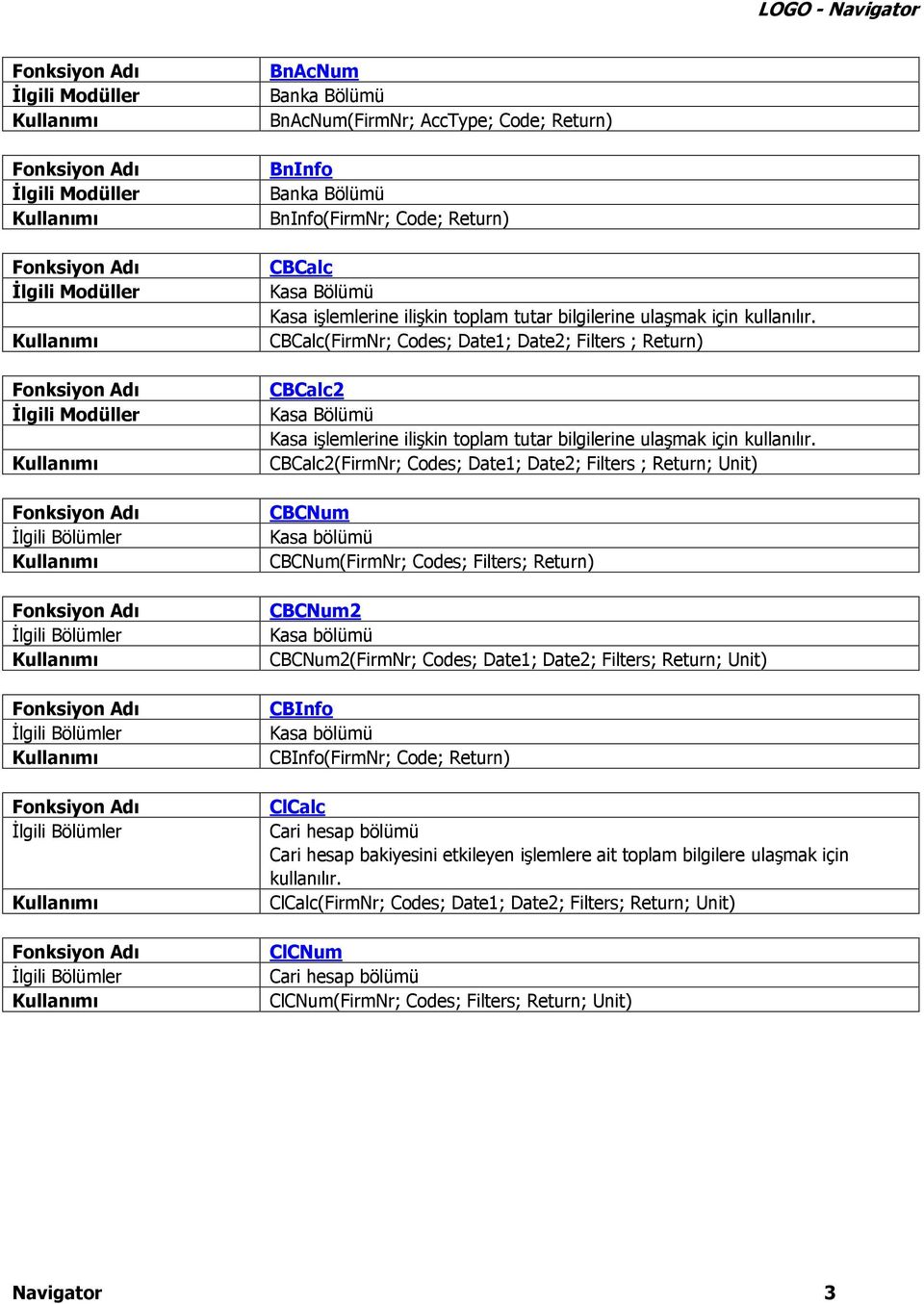 CBCalc(FirmNr; Codes; Date1; Date2; Filters ; Return) CBCalc2 Kasa Bölümü Kasa  CBCalc2(FirmNr; Codes; Date1; Date2; Filters ; Return; Unit) CBCNum Kasa bölümü CBCNum(FirmNr; Codes; Filters; Return)