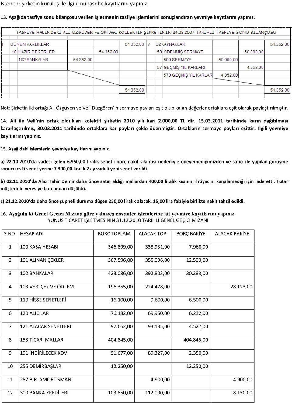 Ali ile Veli nin ortak oldukları kolektif şirketin 2010 yılı karı 2.000,00 TL dir. 15.03.2011 tarihinde karın dağıtılması kararlaştırılmış, 30.03.2011 tarihinde ortaklara kar payları çekle ödenmiştir.