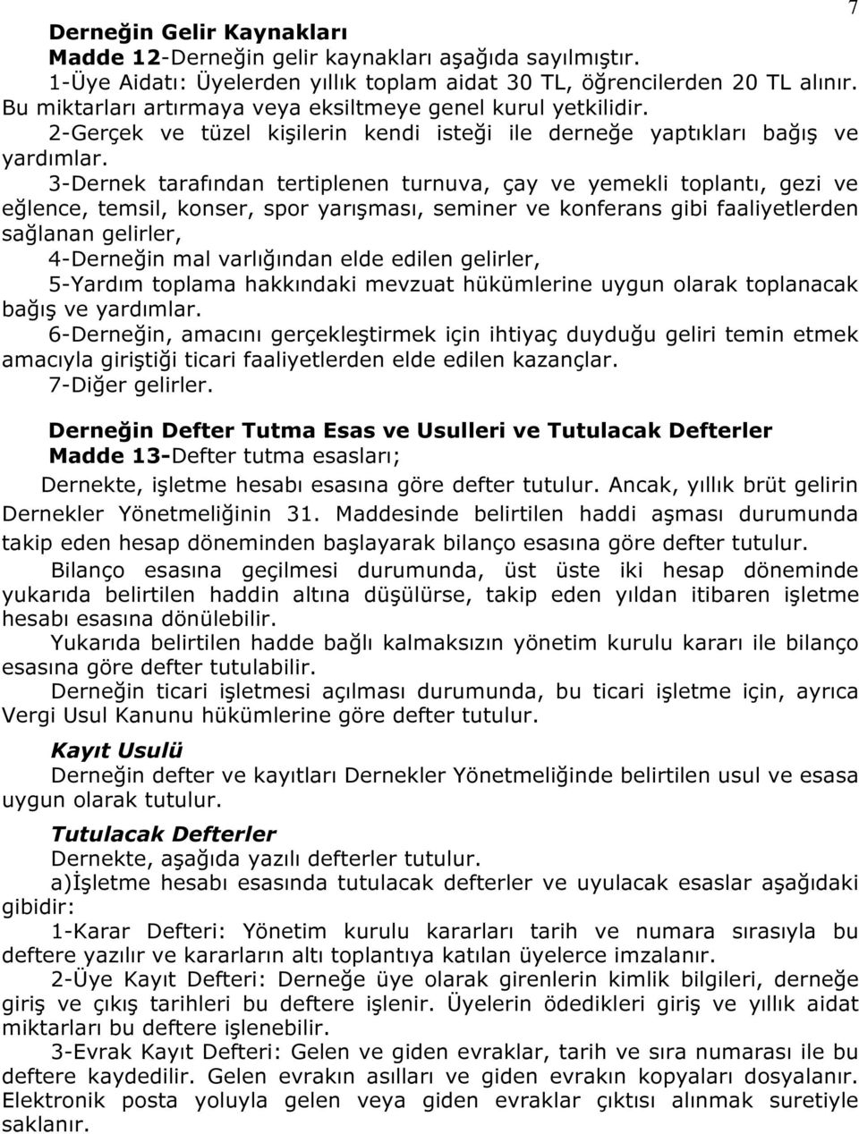 3-Dernek tarafından tertiplenen turnuva, çay ve yemekli toplantı, gezi ve eğlence, temsil, konser, spor yarışması, seminer ve konferans gibi faaliyetlerden sağlanan gelirler, 4-Derneğin mal