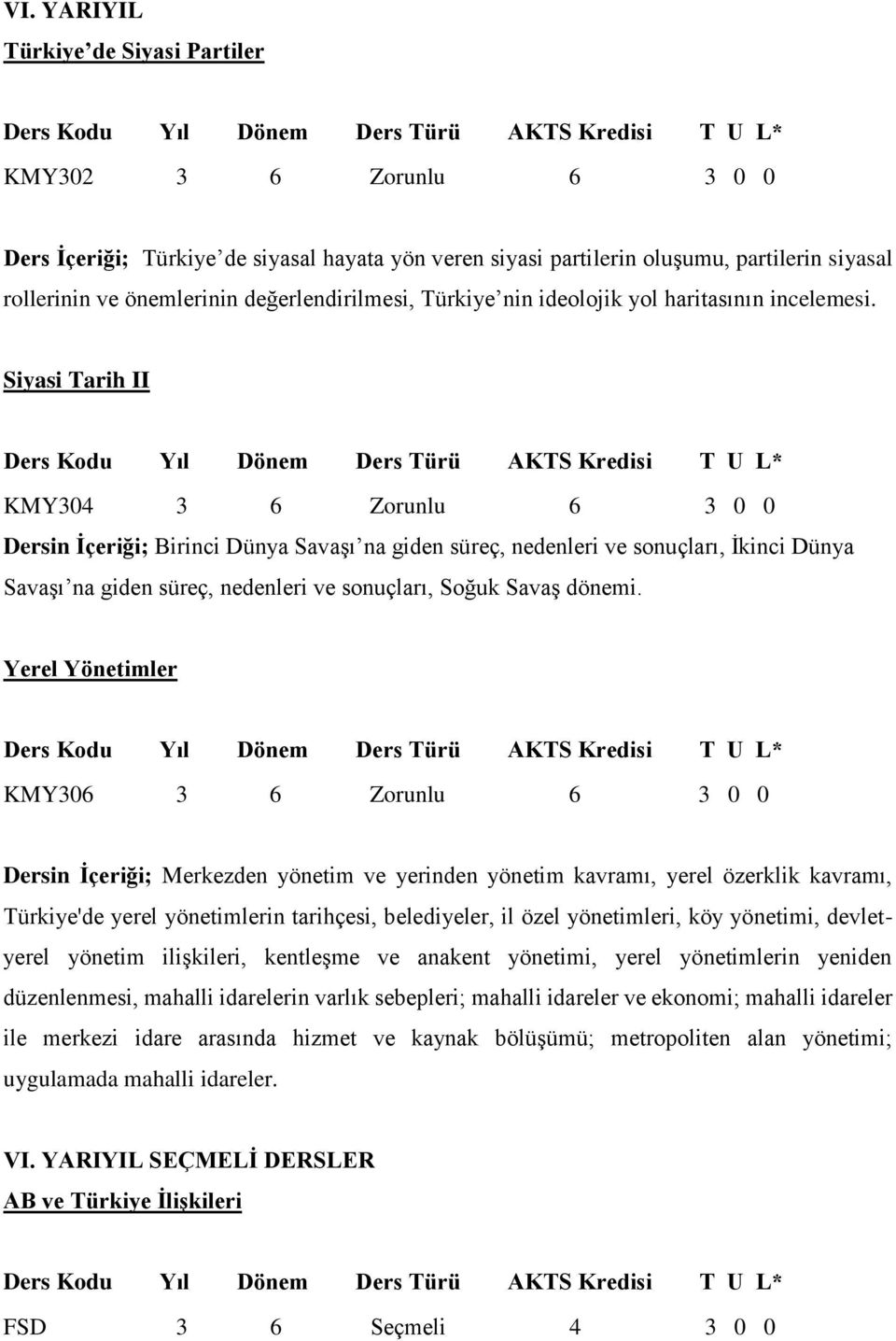 Siyasi Tarih II KMY304 3 6 Zorunlu 6 3 0 0 Dersin İçeriği; Birinci Dünya Savaşı na giden süreç, nedenleri ve sonuçları, İkinci Dünya Savaşı na giden süreç, nedenleri ve sonuçları, Soğuk Savaş dönemi.