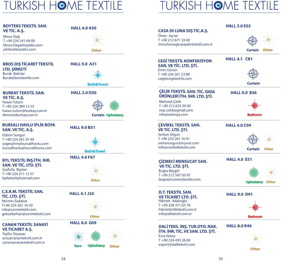 1 C81 BURKAY TEKSTİL SAN. Hasan Tulum T +90 224 384 12 55 hasan.tulum@burkay.com.tr demor@burkay.com.tr HALL 3.0 D50 ÇELİK TEKSTİL SAN. TİC. GIDA ÜRÜNLERİ İTH. İHR. LTD. ŞTİ.