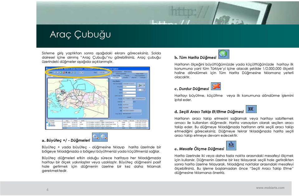 000 ölçekli haline döndürmek için Tüm Harita Düğmesine tıklamanız yeterli olacaktır. c. Durdur Düğmesi Haritayı büyütme, küçültme veya ilk konumuna döndürme işlemini iptal eder. d. Seçili Aracı Takip Et/Etme Düğmesi a.