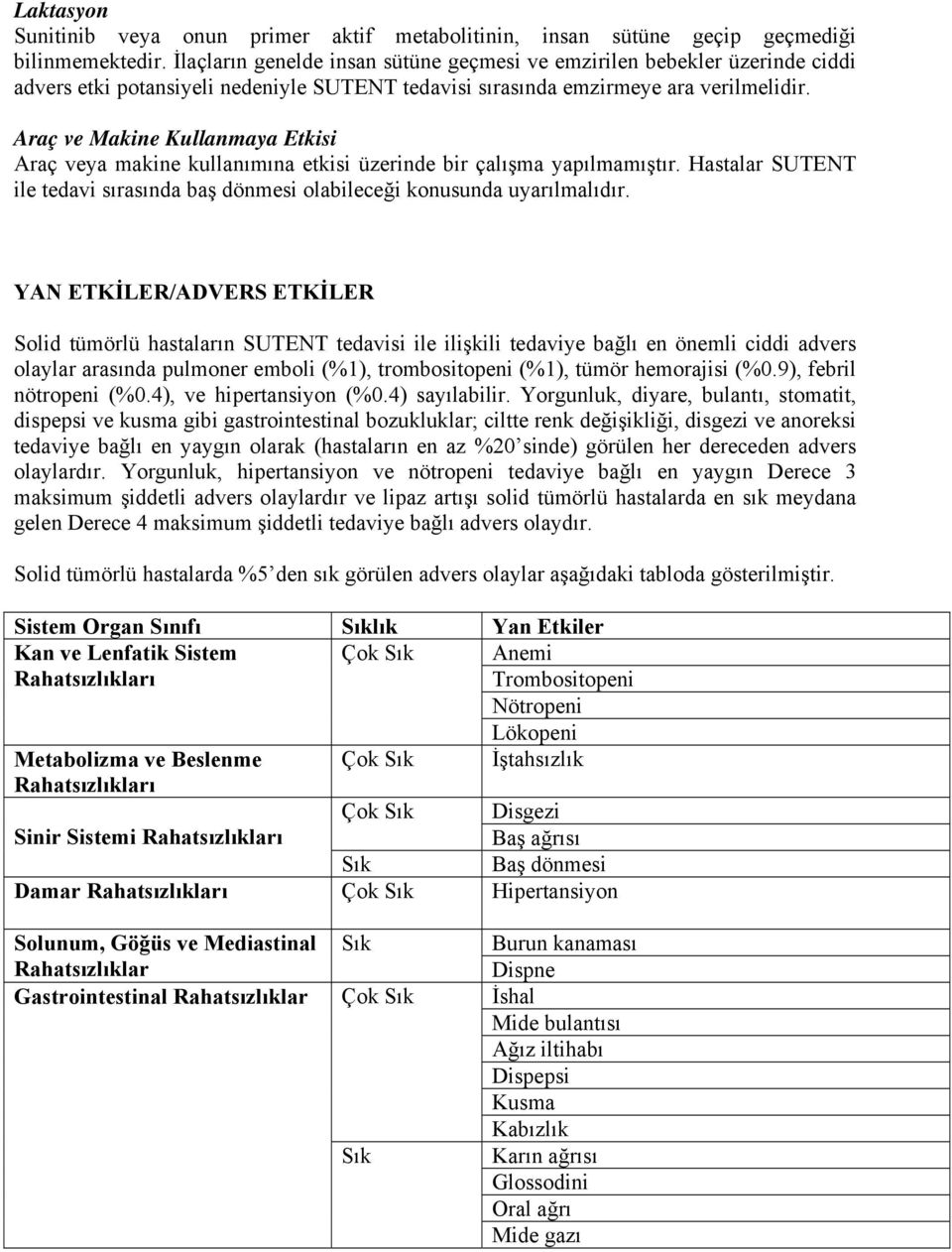 Araç ve Makine Kullanmaya Etkisi Araç veya makine kullanımına etkisi üzerinde bir çalışma yapılmamıştır. Hastalar SUTENT ile tedavi sırasında baş dönmesi olabileceği konusunda uyarılmalıdır.