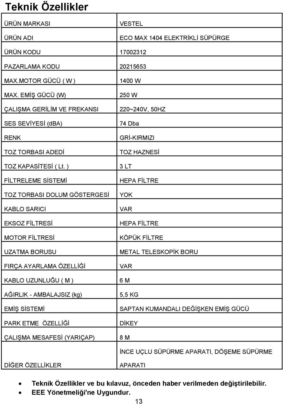 ) FİLTRELEME SİSTEMİ TOZ TORBASI DOLUM GÖSTERGESİ KABLO SARICI EKSOZ FİLTRESİ MOTOR FİLTRESİ UZATMA BORUSU FIRÇA AYARLAMA ÖZELLİĞİ KABLO UZUNLUĞU ( M ) AĞIRLIK - AMBALAJSIZ (kg) EMİŞ SİSTEMİ PARK