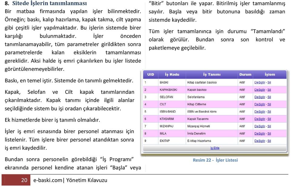 Aksi halde iş emri çıkarılırken bu işler listede görüntülenemeyebilirler. Bitir butonları ile yapar. Bitirilmiş işler tamamlanmış sayılır.