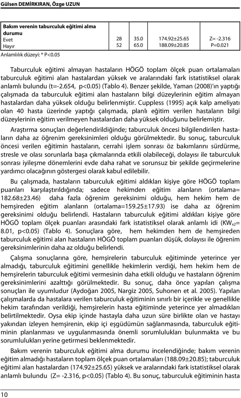 05) (Tablo 4). Benzer şekilde, Yaman (2008) ın yaptığı çalışmada da taburculuk eğitimi alan hastaların bilgi düzeylerinin eğitim almayan hastalardan daha yüksek olduğu belirlenmiştir.