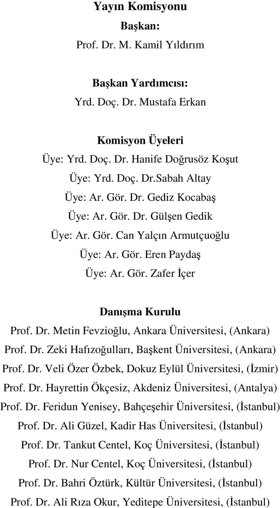 Dr. Zeki Hafızoğulları, Başkent Üniversitesi, (Ankara) Prof. Dr. Veli Özer Özbek, Dokuz Eylül Üniversitesi, (İzmir) Prof. Dr. Hayrettin Ökçesiz, Akdeniz Üniversitesi, (Antalya) Prof. Dr. Feridun Yenisey, Bahçeşehir Üniversitesi, (İstanbul) Prof.