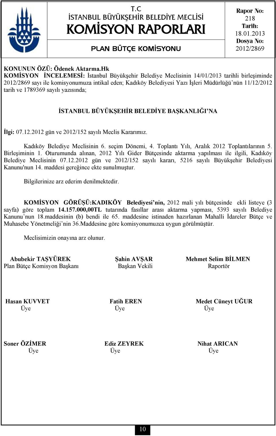 tarih ve 1789369 sayılı yazısında; İSTANBUL BÜYÜKŞEHİR BELEDİYE BAŞKANLIĞI NA İlgi: 07.12.2012 gün ve 2012/152 sayılı Meclis Kararımız. Kadıköy Belediye Meclisinin 6. seçim Dönemi, 4.