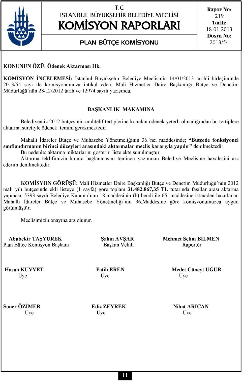 nün 28/12/2012 tarih ve 12974 sayılı yazısında; BAŞKANLIK MAKAMINA Belediyemiz 2012 bütçesinin muhtelif tertiplerine konulan ödenek yeterli olmadığından bu tertiplere aktarma suretiyle ödenek temini