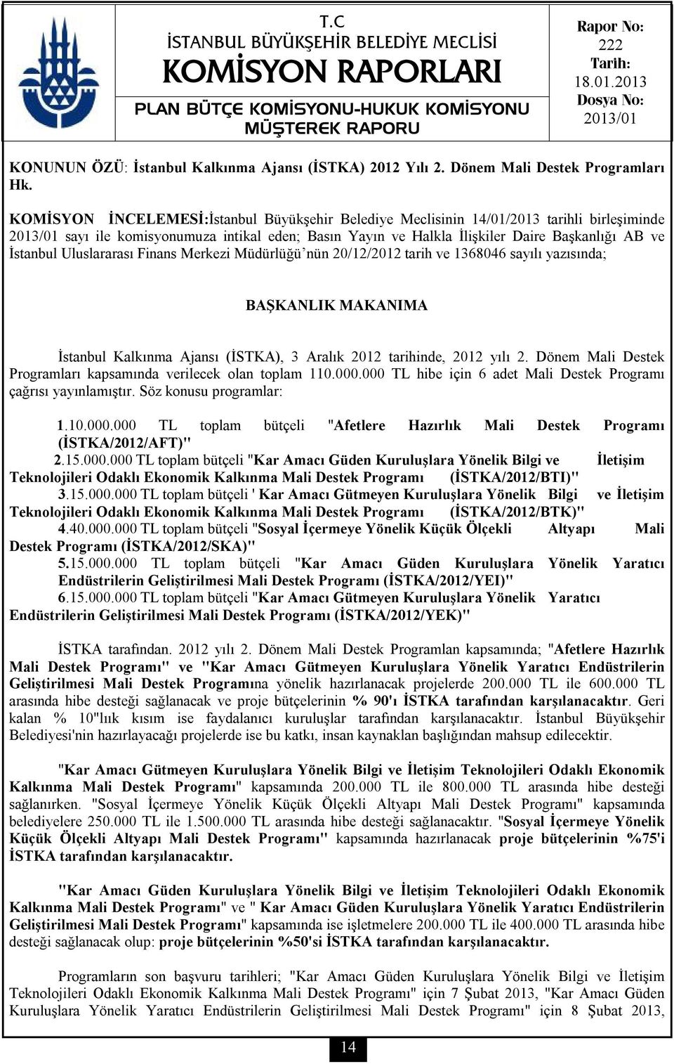 İstanbul Uluslararası Finans Merkezi Müdürlüğü nün 20/12/2012 tarih ve 1368046 sayılı yazısında; BAŞKANLIK MAKANIMA İstanbul Kalkınma Ajansı (İSTKA), 3 Aralık 2012 tarihinde, 2012 yılı 2.