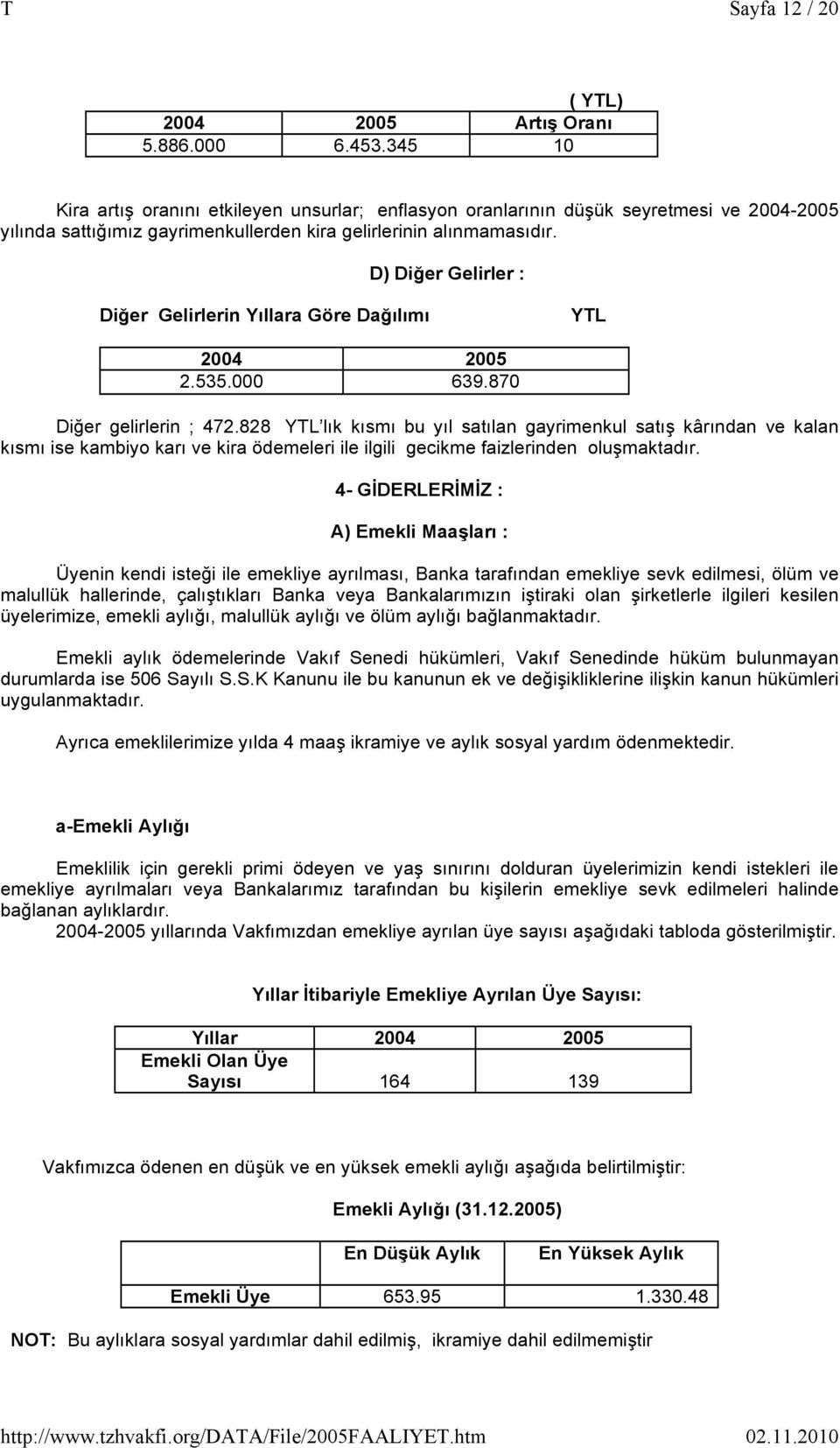 D) Diğer Gelirler : Diğer Gelirlerin Yıllara Göre Dağılımı YTL 2004 2005 2.535.000 639.870 Diğer gelirlerin ; 472.