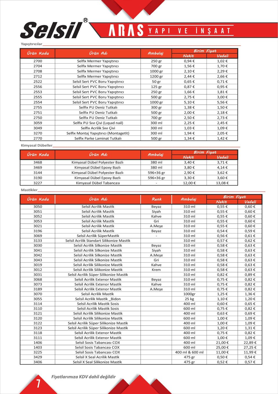 Yapış rıcı 2 gr 1,66 1,81 2555 Selsil Sert PVC Boru Yapış rıcı gr 2,75 3,00 2554 Selsil Sert PVC Boru Yapış rıcı 0 gr 5, 5,56 2755 Selfix PU Deniz Tutkalı 300 gr 1,38 1, 2751 Selfix PU Deniz Tutkalı