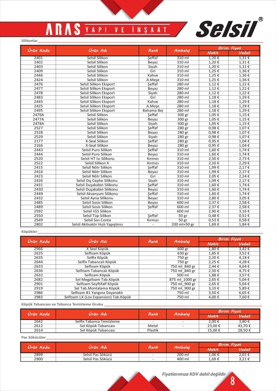 Meşe 3 ml 1,25 1, 76 Selsil Silikon Eksport Şeffaf 2 ml 1,12 1,22 77 Selsil Silikon Eksport Beyaz 2 ml 1,12 1,22 78 Selsil Silikon Eksport Siyah 2 ml 1,12 1,22 83 Selsil Silikon Eksport Gri 2 ml 1,18