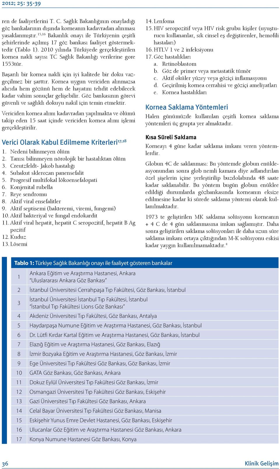 2010 yılında Türkiyede gerçekleştirilen kornea nakli sayısı TC Sağlık Bakanlığı verilerine gore 1553tür. Başarılı bir kornea nakli için iyi kalitede bir doku vazgeçilmez bir şarttır.