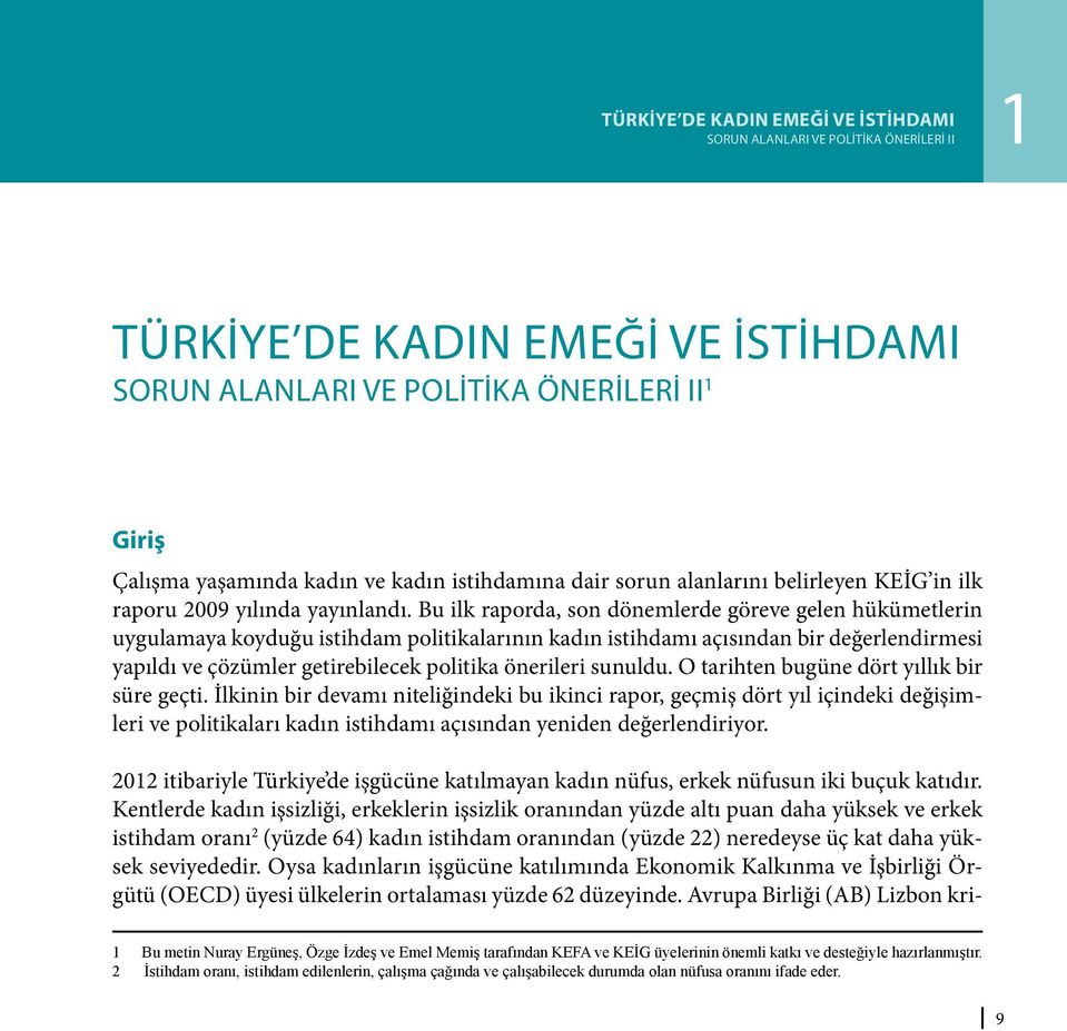 Bu ilk raporda, son dönemlerde göreve gelen hükümetlerin uygulamaya koyduğu istihdam politikalarının kadın istihdamı açısından bir değerlendirmesi yapıldı ve çözümler getirebilecek politika önerileri