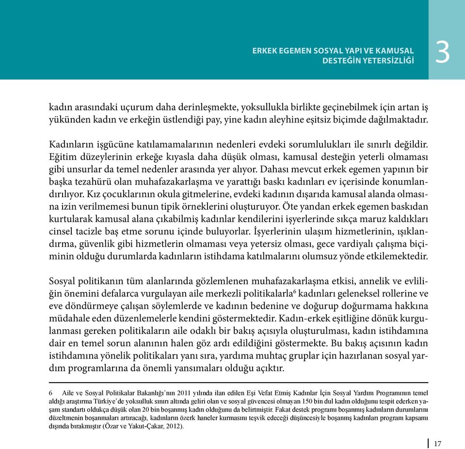 Eğitim düzeylerinin erkeğe kıyasla daha düşük olması, kamusal desteğin yeterli olmaması gibi unsurlar da temel nedenler arasında yer alıyor.