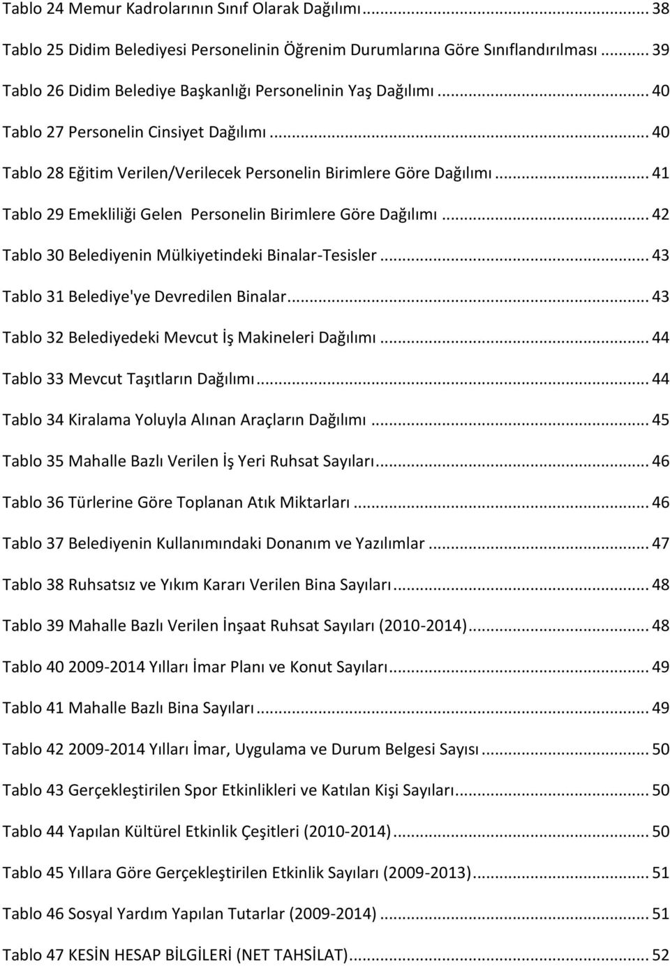 .. 41 Tablo 29 Emekliliği Gelen Personelin Birimlere Göre Dağılımı... 42 Tablo 30 Belediyenin Mülkiyetindeki Binalar-Tesisler... 43 Tablo 31 Belediye'ye Devredilen Binalar.