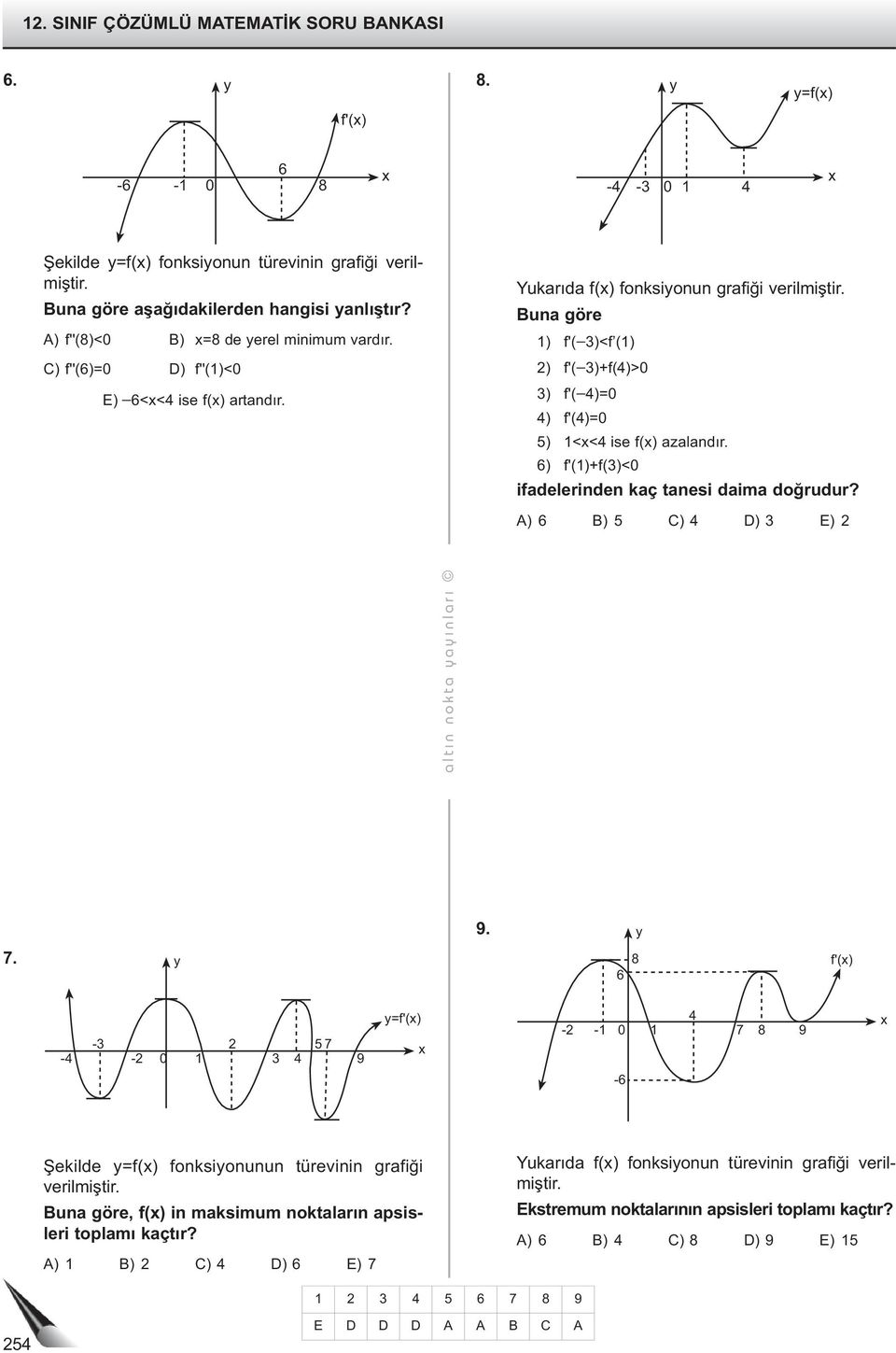 Buna göre ) f'( )<f () ) f'( )+f(4)> ) f'( 4)= 4) f'(4)= 5) <<4 ise f() azalandır. 6) f'()+f()< ifadelerinden kaç tanesi daima doğrudur? A) 6 B) 5 C) 4 D) E) altı n nokta aı nları 9. 7.