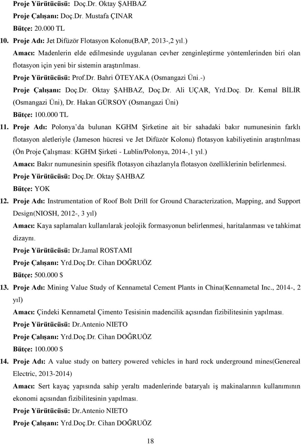 -) Proje Çalışanı: Doç.Dr. Oktay ŞAHBAZ, Doç.Dr. Ali UÇAR, Yrd.Doç. Dr. Kemal BİLİR (Osmangazi Üni), Dr. Hakan GÜRSOY (Osmangazi Üni) Bütçe: 100.000 TL 11.