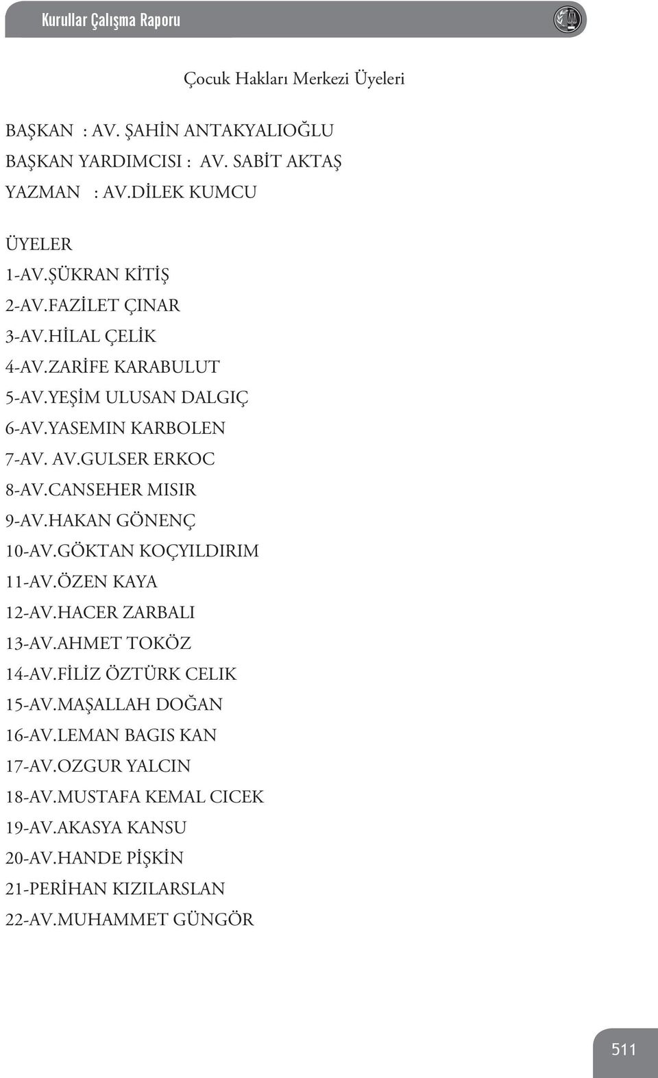 CANSEHER MISIR 9-AV.HAKAN GÖNENÇ 10-AV.GÖKTAN KOÇYILDIRIM 11-AV.ÖZEN KAYA 12-AV.HACER ZARBALI 13-AV.AHMET TOKÖZ 14-AV.FİLİZ ÖZTÜRK CELIK 15-AV.