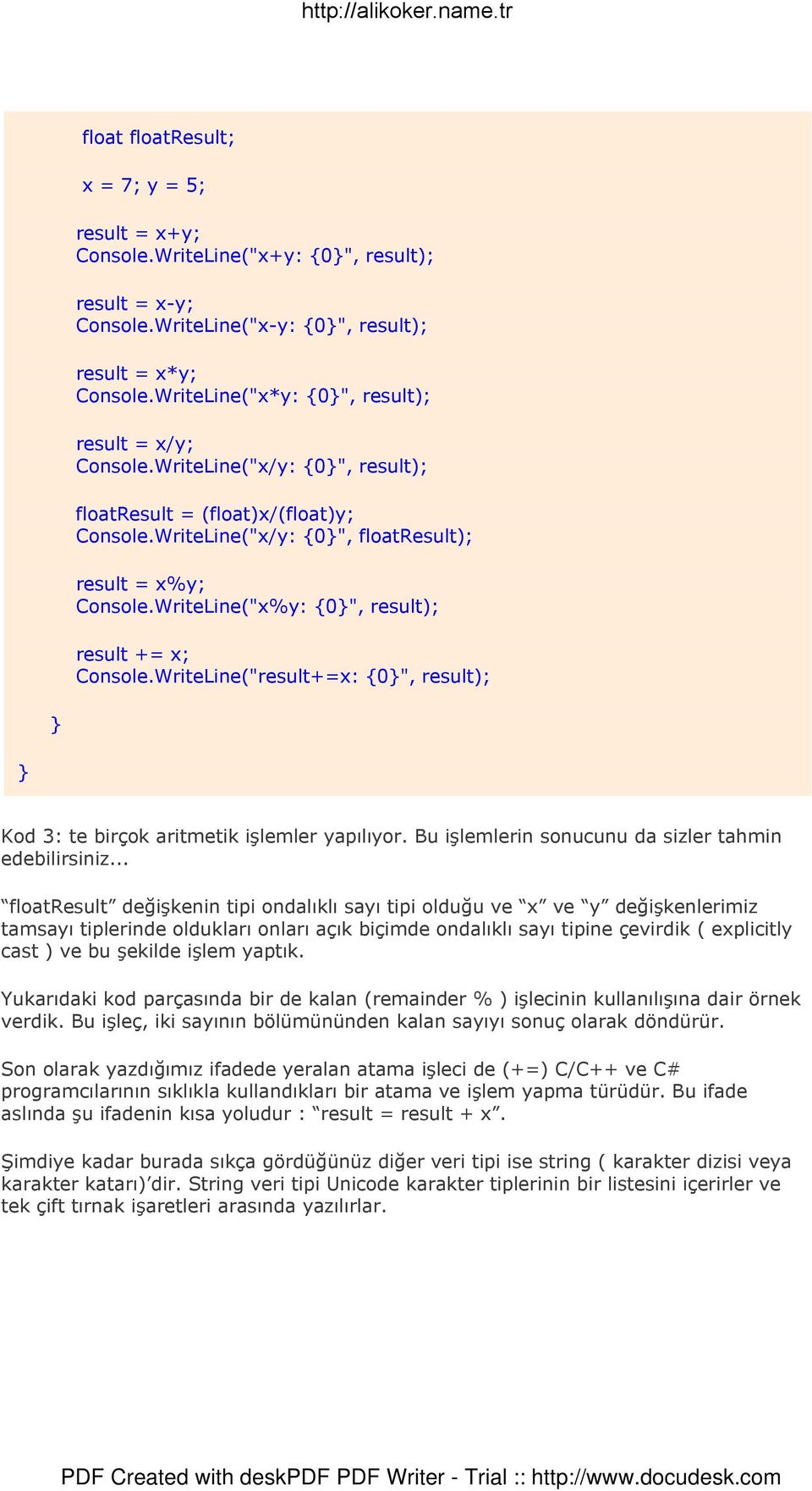 WriteLine("x%y: 0", result); result += x; Console.WriteLine("result+=x: 0", result); Kod 3: te birçok aritmetik işlemler yapılıyor. Bu işlemlerin sonucunu da sizler tahmin edebilirsiniz.