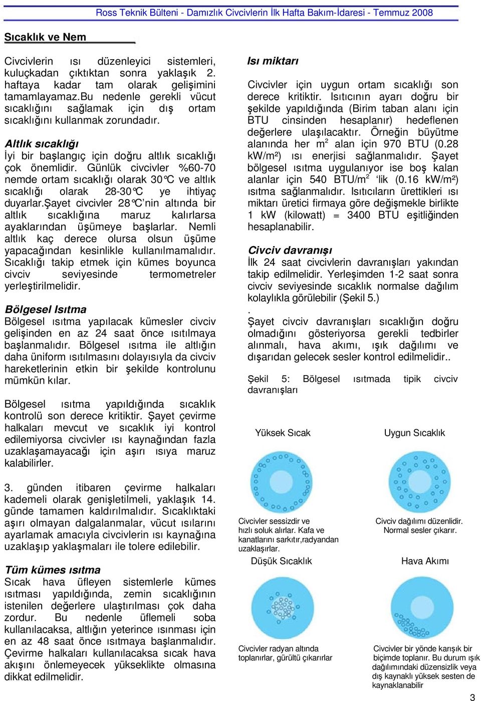 Günlük civcivler %60-70 nemde ortam sıcaklığı olarak 30 C ve altlık sıcaklığı olarak 28-30 C ye ihtiyaç duyarlar.