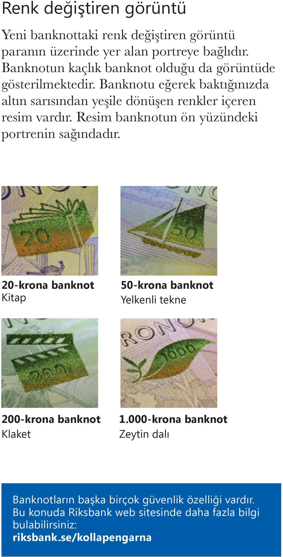 Banknotu eğerek baktığınızda altın sarısından yeşile dönüşen renkler içeren resim vardır. Resim banknotun ön yüzündeki portrenin sağındadır.