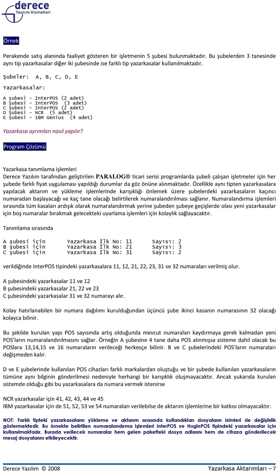 Şubeler: A, B, C, D, E Yazarkasalar: A şubesi - InterPOS (2 adet) B Şubesi - InterPOS (3 adet) C Şubesi - InterPOS (2 adet) D Şubesi - NCR (5 adet) E Şubesi - IBM Genius (4 adet) Yazarkasa ayrımları