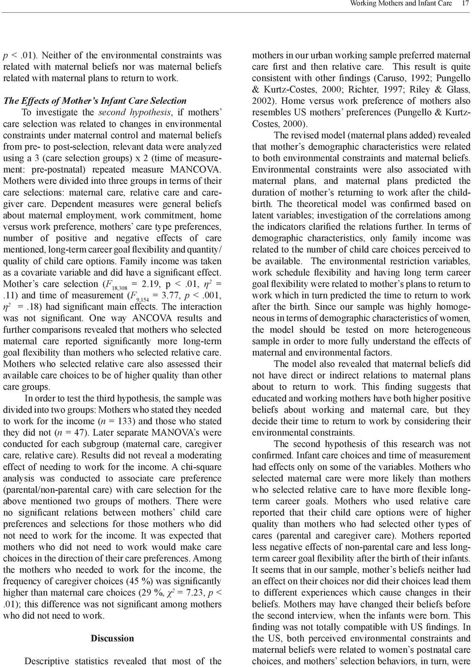 beliefs from pre- to post-selection, relevant data were analyzed using a 3 (care selection groups) x 2 (time of measurement: pre-postnatal) repeated measure MANCOVA.