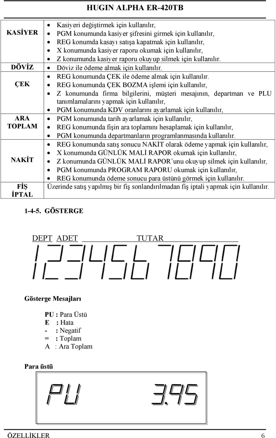 REG konumunda ÇEK BOZMA işlemi için kullanılır, Z konumunda firma bilgilerini, müşteri mesajının, departman ve PLU tanımlamalarını yapmak için kullanılır, PGM konumunda KDV oranlarını ayarlamak için