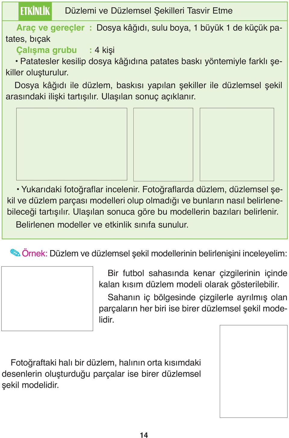 Yukarıdaki fotoğraflar incelenir. Fotoğraflarda düzlem, düzlemsel şekil ve düzlem parçası modelleri olup olmadığı ve bunların nasıl belirlenebileceği tartışılır.