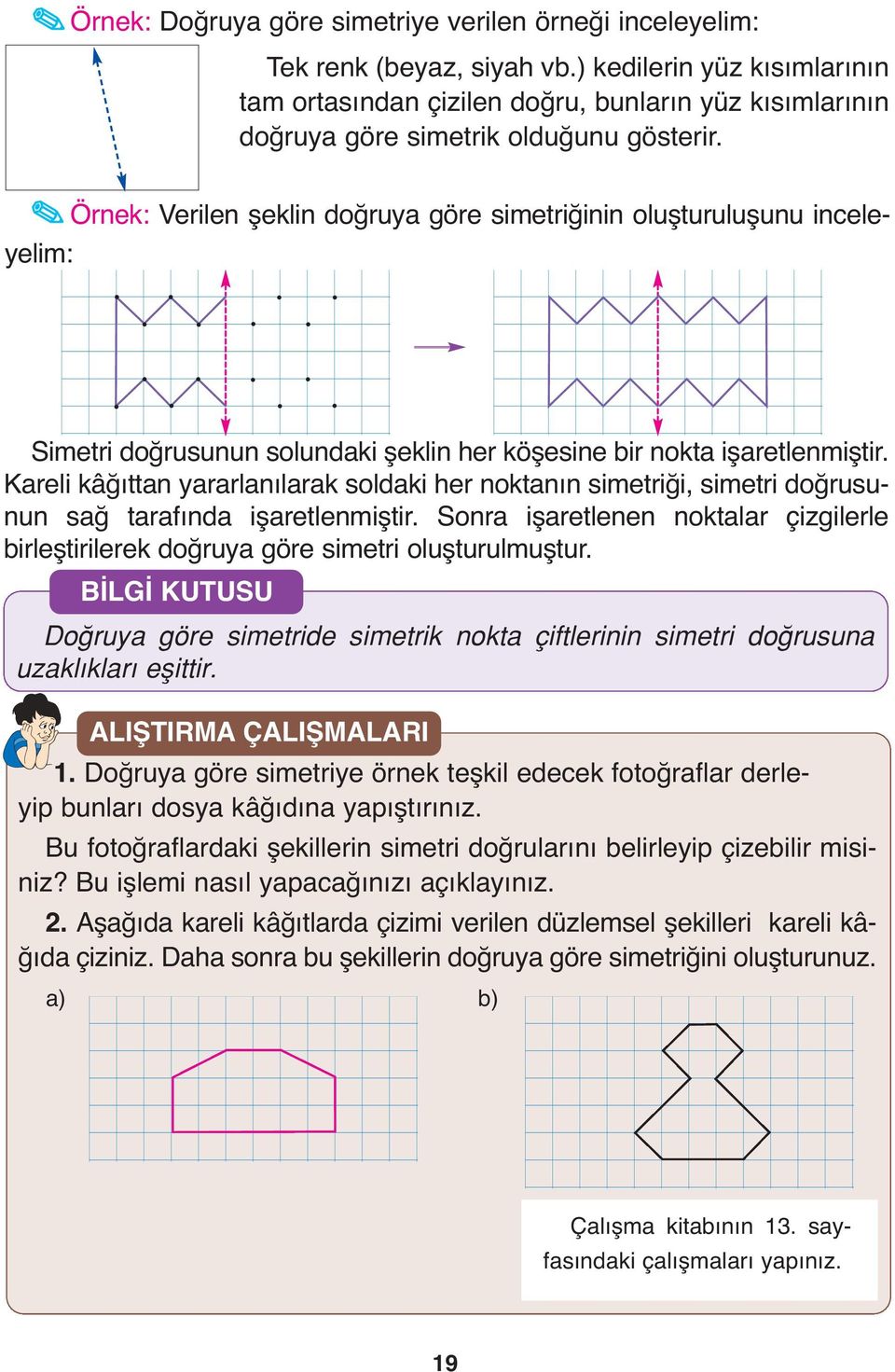 Örnek: Verilen şeklin doğruya göre simetriğinin oluşturuluşunu inceleyelim: Simetri doğrusunun solundaki şeklin her köşesine bir nokta işaretlenmiştir.