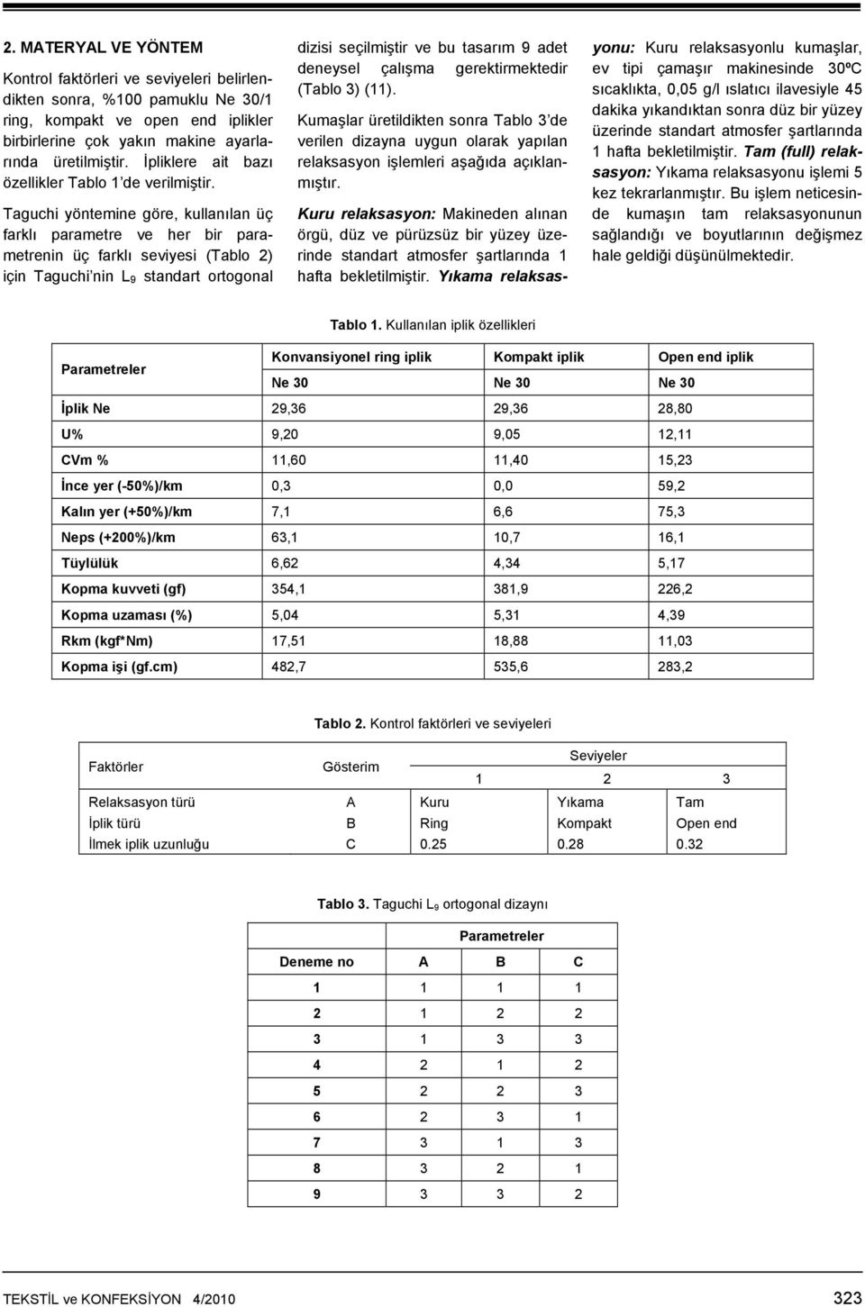 Taguchi yöntemine göre, kullanılan üç farklı parametre ve her bir parametrenin üç farklı seviyesi (Tablo 2) için Taguchi nin L 9 standart ortogonal dizisi seçilmiştir ve bu tasarım 9 adet deneysel